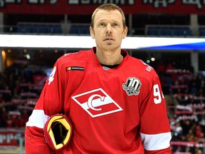 Ryan Stoa of KHL club Spartak Moscow stands for the national anthem on Jan. 8, 2018