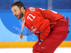 Ilya Kovalchuk of Olympic Athlete from Russia celebrates after defeating Germany 4-3 in overtime during the gold medal game at the PyeongChang Olympics at Gangneung Hockey Centre on Feb. 25, 2018