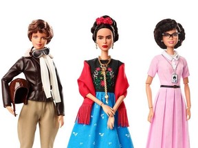 This product image released by Barbie shows dolls in the image of pilot Amelia Earhart, left, Mexican artist Frida Khalo and mathematician Katherine Johnson, part of the Inspiring Women doll line series being launched ahead of International Women's Day. (Barbie via AP) ORG XMIT: NYET212