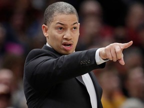 Cleveland Cavaliers head coach Tyronn Lue yells instructions to players during an NBA game against the Denver Nuggets on March 3, 2018