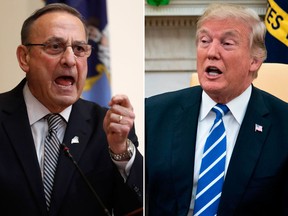 Maine Gov. Paul LePage (L) and U.S. President Donald Trump are seen in file photos. (AP Photo/Robert F. Bukaty, File/BRENDAN SMIALOWSKI/AFP/Getty Images)