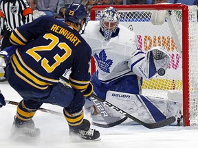 Buffalo Sabres forward Sam Reinhart (23) is stopped by Toronto Maple Leafs goalie Frederik Anderson (31) Monday, March 5, 2018, in Buffalo, N.Y. (AP Photo/Jeffrey T. Barnes)