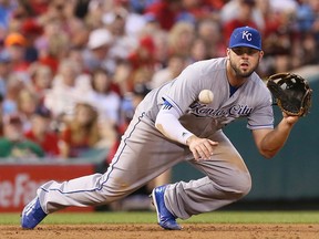 Kansas City Royals third baseman Mike Moustakas fields a ground ball Friday, June 12, 2015, in St. Louis. (Chris Lee/St. Louis Post-Dispatch via AP)