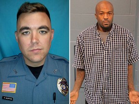 Christopher Ryan Morton (L) was fatally shot and two other officers injured while trying to apprehend the suspect after responding to a 911 call at a Missouri residence on Tuesday night, March 6, 2018. The suspected shooter James Waters (R)  was found dead inside the home. (Clinton Police Department via AP/Cass County Sheriff's Office/HO)