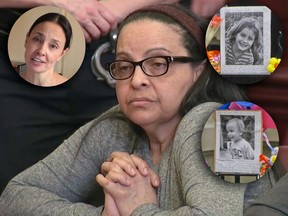 In this image from video, Yoselyn Ortega, a trusted nanny to a well-to-do family, listens to court proceedings during the first day of her trial,in New York, Thursday, March 1, 2018.  In October 2012 Ortega took two young children, Lucia and Leo Krim (inset, right) in her care into a bathroom at their Manhattan apartment, slaughtered them with a knife and then slit her own throat. Their mother Marina Krim (inset, left) was the firt witness to testify at Ortega's trial. (WYNY-TV/Pool Photo via AP/AP Photo/Mary Altaffer, File/Lulu & Leo Fund via AP)