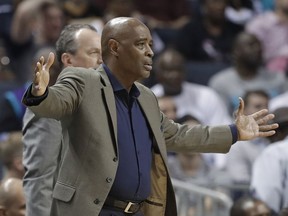 Cleveland Cavaliers associate head coach Larry Drew reacts to a call during the team's game against the Charlotte Hornets in Charlotte, N.C., Wednesday, March 28, 2018.