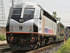 In this file photo, a New Jersey Transit train sits on a track near the site of a ground breaking ceremony for two mass transit railway tunnels in North Bergen, New Jersey, U.S., on Monday, June 8, 2009.