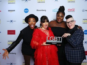 From left to right: Samira Wiley,Yael Stone, Danielle Brooks and Lea DeLaria of Orange Is The New Black pose with the Film, TV and Web Series Award in the media room during the Australian LGBTI Awards at The Star on March 2, 2018 in Sydney, Australia.  (Lisa Maree Williams/Getty Images for Australian LGBTI Awards)