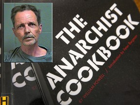 Richard Paul Holt (inset) was arrested on complaints of making a bomb threat and drug possession after police found ammunition, primers and a copy of "The Anarchist Cookbook" in his hotel room. (Oklahoma City Police Department via AP/Photo Illustration by Scott Olson/Getty Images)