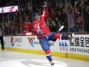 Washington Capitals winger Alex Ovechkin celebrates his goal against the Winnipeg Jets, Monday, March 12, 2018, in Washington. It was Ovechkin's 600th career goal. (AP Photo/Alex Brandon)