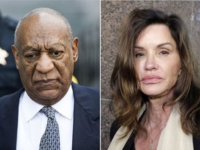 This combination photo shows Bill Cosby leaving Montgomery County Courthouse after a hearing in his sexual assault case in Norristown, Pa., on Aug. 22, 2017, left, and model Janice Dickinson leaving Los Angeles Superior Court after a judge ruled her defamation lawsuit against Bill Cosby on March 29, 2016. Dickinson's defamation lawsuit against Bill Cosby can move forward after the California Supreme Court refused an appeal from Cosby. The court said on its website Thursday that it was declining to review Cosby's appeal, which had put the case on hold. Dickinson said in 2014 that Cosby drugged and raped her in Lake Tahoe in 1982, then sued him after he and his representatives said her claims were false. (AP Photo) ORG XMIT: NYET408