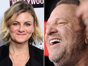 Harvey Weinstein's former assistant Zelda Perkins (R) said she tried to stop Weinstein (L) abusing women two decades ago, making him sign a legal agreement that required him to seek therapy and mend his ways. (Ian West/PA via AP/ROBYN BECK/AFP/Getty Images)