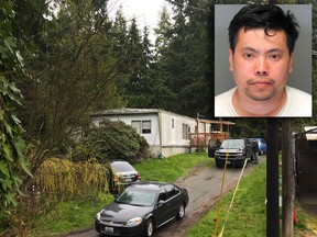 Authorities stand by a home of Thanh Cong Phan (inset) in Everett, Wash., Tuesday, March 27, 2018. (Christine Willmsen/The Seattle Times via AP/Yolo County Sheriff's Office/HO)