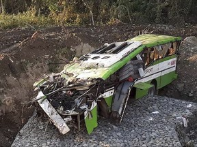 In this photo provided by Provincial Disaster Risk Reduction Management Office (PDRRMO), Mindoro Occidental, the wreckage of a passenger bus is seen Wednesday, March 21, 2018, after it careened off a road and fell into a ravine at Sablayan township, Mindoro Occidental province in central Philippines, south of Manila. (PDRRMO, Mindoro Occidental via AP)