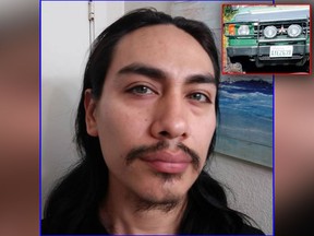 Jacob Gonzales, 34, is being sought as a person of interest in the death of 26-year-old Katherine Cunningham. He is believed to be armed and driving a green 1990 Mitsubishi Montero (inset). (Island County, Wash., Sheriff's Office Photos)
