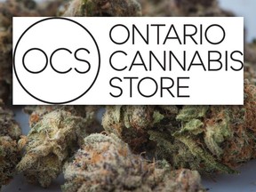Medical marijuana is shown in Toronto on November 5, 2017 alongside the logo for the Ontario Cannabis Store announced on Mar. 9, 2018.