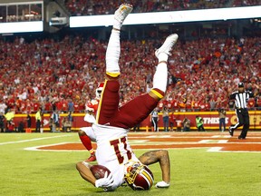 Washington Redskins' wide receiver Terrelle Pryor lands in the end zone after catching a touchdown pass in the first quarter against the Kansas City Chiefs at Arrowhead stadium on Oct. 2, 2017 in Kansas City, Mo. (Jamie Squire/Getty Images )