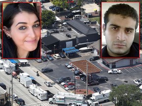 Law enforcement officials continue the investigation at the Pulse nightclub where Omar Mateen (inset, right) killed 49 people on June 15, 2016 in Orlando, Fla. He was texting with his wife Noor Salman (inset, left) during the standoff with police. (Joe Raedle/Getty Images/MySpace/Facebook photos)