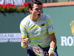 Milos Raonic celebrates during his quarterfinal match against Sam Querrey at the BNP Paribas Open  March 16, 2018 in Indian Wells, California. (Harry How/Getty Images)