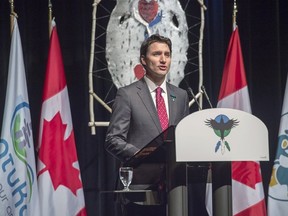 Prime Minister Justin Trudeau delivers an apology on behalf of the Government of Canada to former students of the Newfoundland and Labrador Residential Schools in Happy Valley-Goose Bay, N.L. on Friday, Nov. 24, 2017.