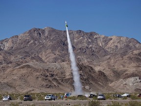"Mad" Mike Hughes' home-made rocket launches near Amboy, Calif., on Saturday, March 24, 2018. (Matt Hartman via AP)