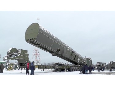 In this video grab provided by RU-RTR Russian television via AP television on Thursday, March 1, 2018, Russia's new Sarmat intercontinental missile is shown at an undisclosed location in Russia.