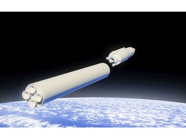 In this video grab provided by RU-RTR Russian television via AP television on Thursday, March 1, 2018, a computer simulation shows the Avangard hypersonic vehicle being released from booster rockets.