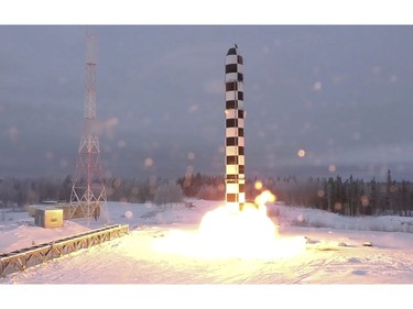 In this video grab provided by RU-RTR Russian television via AP television on Thursday, March 1, 2018, Russia's new Sarmat intercontinental ballistic missile blasts off during a test launch from an undisclosed location in Russia.