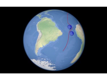 In this video grab provided by RU-RTR Russian television via AP television on Thursday, March 1, 2018, a computer simulation shows the flight of a prospective Russian nuclear-powered cruise missile en route to target.