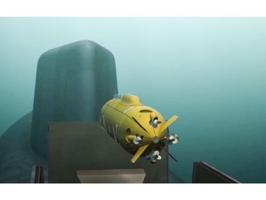 In this video grab provided by RU-RTR Russian television via AP television on Thursday, March 1, 2018, a computer simulation shows a Russian nuclear-powered underwater drone being released by a submarine.
