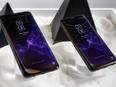 This Wednesday, Feb. 21, 2018, photo shows the Samsung Galaxy S9 Plus, left, and Galaxy S9 mobile phones are shown in this photo during a product preview in New York.  (AP Photo/Richard Drew)