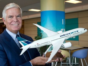 WestJet Airlines then-president & CEO Gregg Saretsky holds a model of the Boeing 787 Dreamliner after the purchase of this airplane was announced at the company's annual general meeting in Calgary on May 2, 2017. THE CANADIAN PRESS/Larry MacDougal