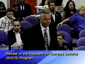 This Feb. 18, 2015, file image taken from video provided by Broward County Public Schools shows school resource officer Scot Peterson during a school board meeting of Broward County, Fla. (Broward County Public Schools via AP, File)