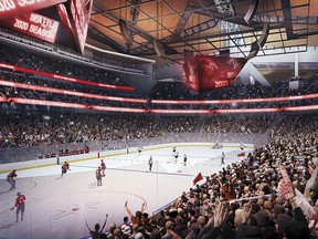 In this computer drawing provided by the Oak View Group, the planned appearance of the interior of a remodeled KeyArena in shown in Seattle. (Oak View Group/via AP)