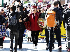 Indigenous leaders, Coast Salish Water Protectors and others demonstrate against the expansion of Texas-based Kinder Morgans Trans Mountain pipeline project in Burnaby, British Columbia, Canada on March 10, 2018.  / AFP PHOTO / Jason RedmondJASON REDMOND/AFP/Getty Images