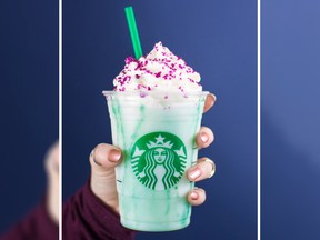 In this undated photo released by Edelman, U.S. Starbucks Coffee Company displays a new Crystal Ball Frappuccino Purple beverage. (Courtesy of Edelman via AP)