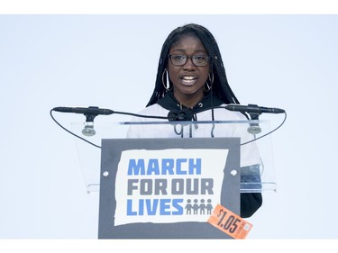 Student Aalayah Eastmond, a survivor of the mass shooting at Marjory Stoneman Douglas High School in Parkland, Fla., speaks during the "March for Our Lives" rally in support of gun control in Washington, Saturday, March 24, 2018.