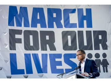 Zion Kelly of Washington, who lost his twin brother Zaire to gun violence in the nation's capital in 2017, speaks during the "March for Our Lives" rally in support of gun control in Washington, Saturday, March 24, 2018.
