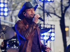 FILE - In this Nov. 17, 2017, file photo, Tim McGraw performs on NBC's "Today" show at Rockefeller Plaza in New York. McGraw collapsed onstage during a performance in Dublin, Ireland, Sunday, March 11, 2018, the Rolling Stone reports.