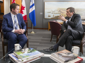 Federal Conservative Leader Andrew Scheer (left) meets with Toronto Mayor John Tory in his city hall office on Friday March 23, 2018.