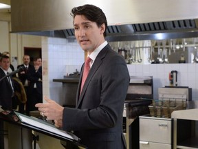 Prime Minister Justin Trudeau speaks at Cuisine-Atout, a Montreal-based catering service that employs people who have not completed their secondary education, in Montreal on Thursday March 1, 2018.