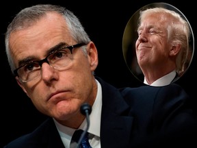 U.S. President Donald Trump (inset) has touted Andrew McCabe's firing as "a great day for the hard working men and women of the FBI."   (Win McNamee/Getty Images/JIM WATSON/AFP/Getty Images)