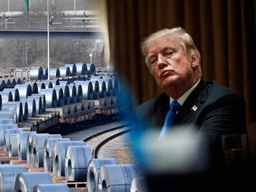 Steel coils sit on wagons when leaving the thyssenkrupp steel factory in Duisburg, Germany, Friday, March 2, 2018 next to President Donald Trump pausing during a meeting in the Cabinet Room of the White House, in Washington, Wednesday, Feb. 28, 2018.
