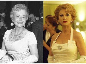 In this combination photo, actress Olivia de Havilland appears in Rome on Oct. 4, 1968, left, and actress Catherine Zeta-Jones portrays de Havilland in a scene from the FX series, "Feud: Betty and Joan."