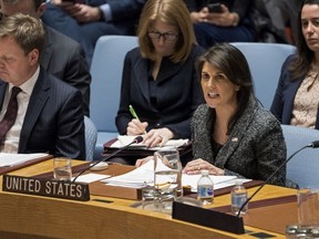 American Ambassador to the United Nations Nikki Haley speaks after the United Nations Security Council voted on a resolution demanding a 30-day humanitarian cease-fire across Syria, Saturday, Feb. 24, 2018 at United Nations headquarters.