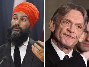 NDP leader Jagmeet Singh (L) speaks at a press conference on February 13, 2018 next to NDP MP David Christopherson as he talks to reporters on Tuesday, November 21, 2017 in Ottawa.