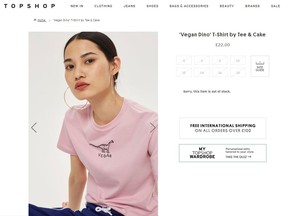 Clothing company Topshop is facing heat online for selling a 'Vegan Dino' shirt that features a cake recipe on a clothing tag. The recipe contains ingredients such as butter and eggs. (Topshop)