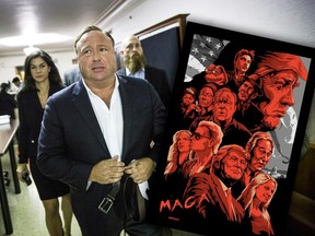 In this April 17, 2017, file photo, "Infowars" host Alex Jones arrives at the Travis County Courthouse in Austin, Texas alongside a poster being sold on the Infowars website featuring Pepe the Frog.