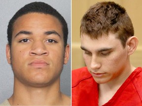 Zachary Cruz, left, was arrested at Marjory Stoneman Douglas High School and charged with trespassing on school grounds. His brother, Nikolas Cruz, right, has been charged with 17 counts of first-degree murder in connection with the Feb. 14 shooting at that same school. (Handout and Mike Stocker/South Florida Sun-Sentinel via AP file photo)