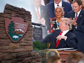 This Sept. 15, 2015, file photo, shows Zion National Park near Springdale, Utah next to a Dec. 4, 2017 file photo of President Donald Trump handing over a pen after signing a proclamation to shrink the size of Bears Ears and Grand Staircase Escalante national monuments at the Utah State Capitol in Salt Lake City.